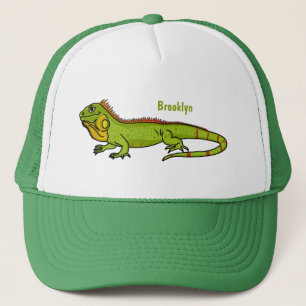 happy green iguana cartoon illustration trucker hat