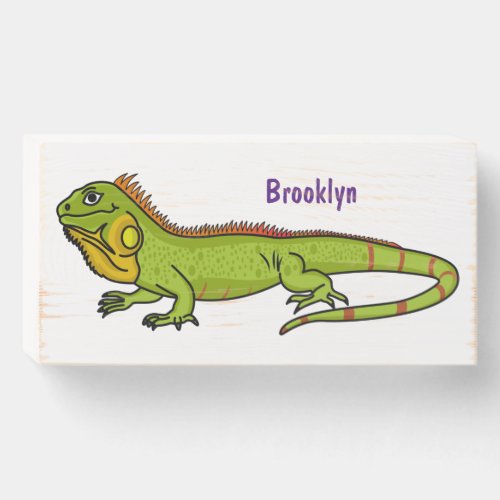 Happy green iguana cartoon illustration wooden box sign