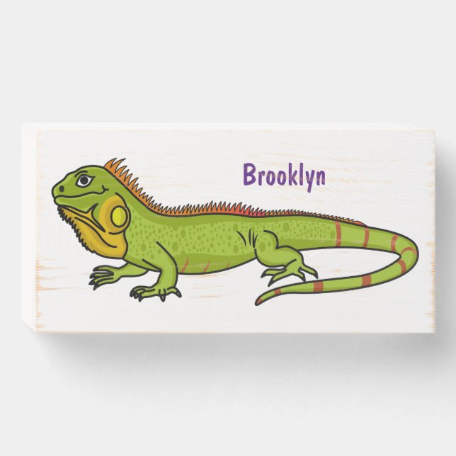 Happy green iguana cartoon illustration wooden box sign (Front Horizontal)