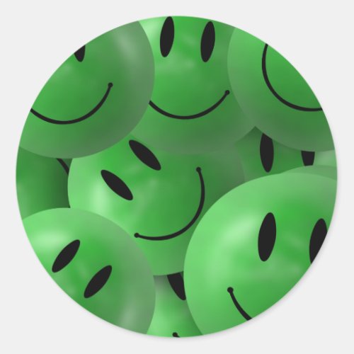 HAPPY GREEN SMILIE FACES CIRCLES LAYERED PATTERN W CLASSIC ROUND STICKER