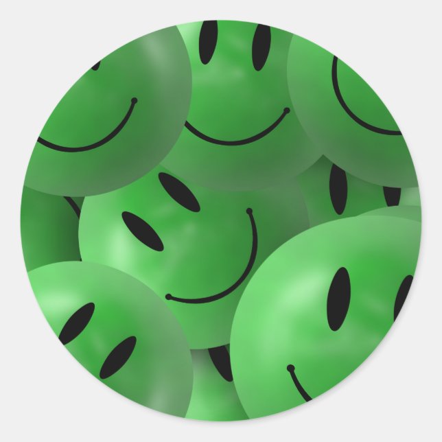 HAPPY GREEN SMILIE FACES CIRCLES LAYERED PATTERN W CLASSIC ROUND STICKER (Front)