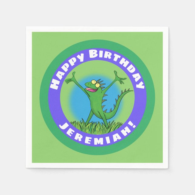 Happy green smiling animated iguana lizard napkins (Front)