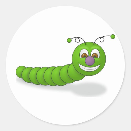 Happy Green Smiling Cartoon Worm with Brown Eyes Classic Round Sticker