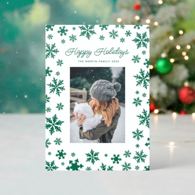 Happy Green Snowflake 5-Photo Letterpress Card (Front (Into))