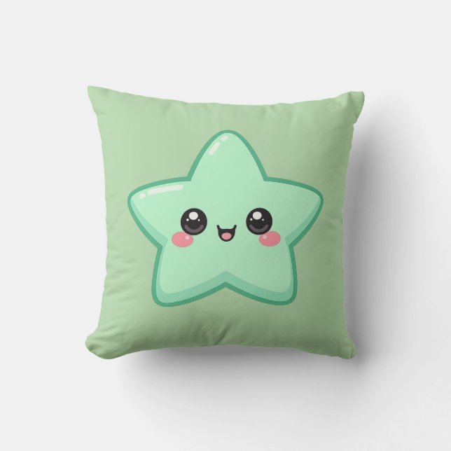 Happy Green Star Kawaii Cushion Pillow  (Front)