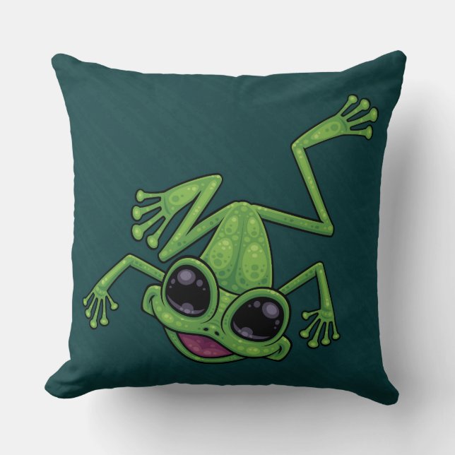 Happy Green Tree Frog Throw Pillow (Front)