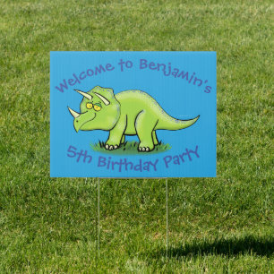 Happy green triceratops dinosaur cartoon sign