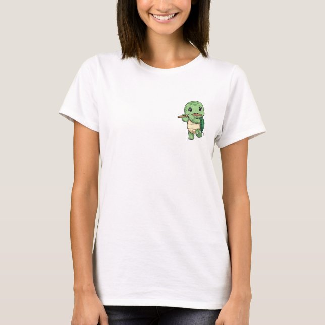 Happy Green Turtle Playing Wooden Flute Instrument T-Shirt (Front)