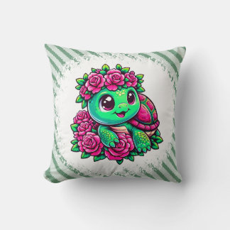 Happy Green Turtle with Pink Roses Throw Pillow