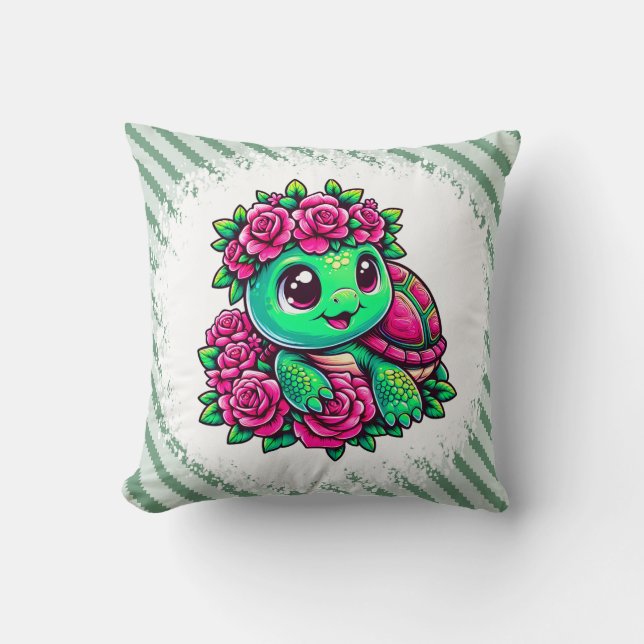Happy Green Turtle with Pink Roses Throw Pillow (Front)