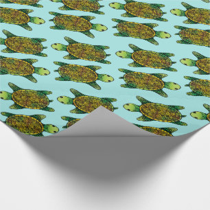 Happy Green Watercolor Ink Drawn Turtle Pattern Wrapping Paper