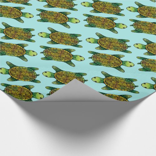 Happy Green Watercolor Ink Drawn Turtle Pattern Wrapping Paper