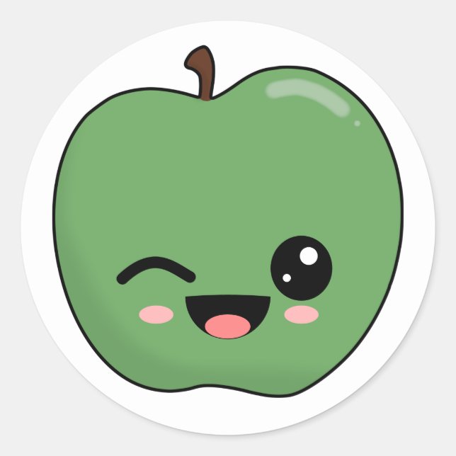 Happy Green Winking Apple Classic Round Sticker (Front)
