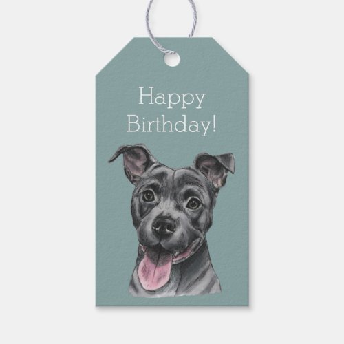 Happy Grey Pit Bull Dog Birthday Gift Tags