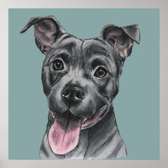 Happy Grey Pit Bull Dog Drawing Poster
