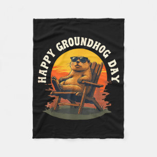 Happy Ground Hog Vintage Sunset Groundhog Day Anim Fleece Blanket