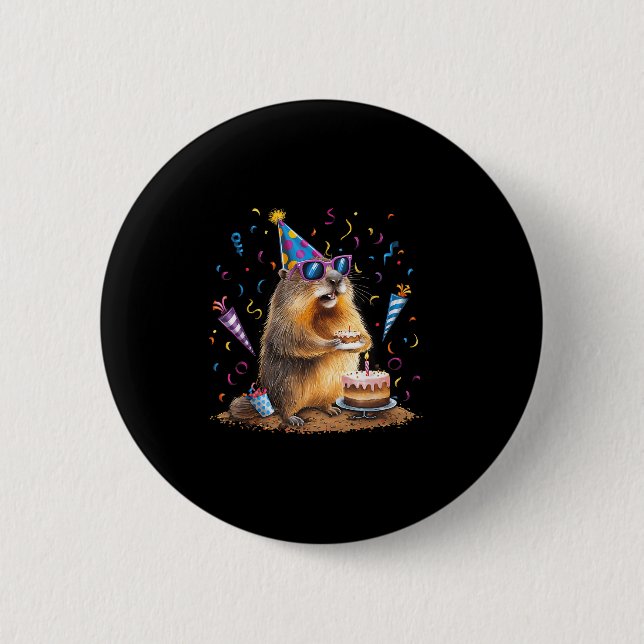 Happy Groundhog Day 12 Feb Ground Hog With Birthda Button (Front)
