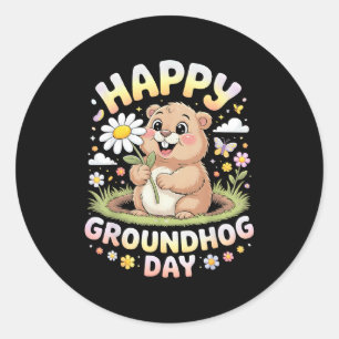Happy Groundhog Day 2026 Cute Groundhog With Flowe Classic Round Sticker