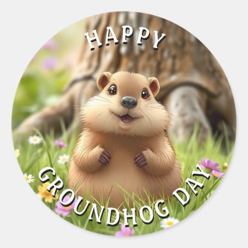 Happy Groundhog Day | Cute Woodchuck Classic Round Sticker Happy Groundhog Day | Cute Woodchuck Classic Round Sticker