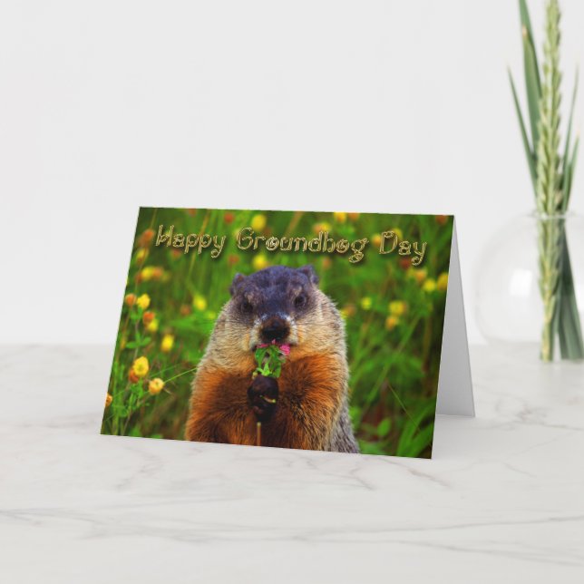 Happy Groundhog Day Eating Flower Card (Front)