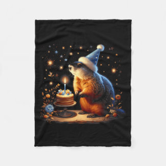 Happy Groundhog Day Ground Hog With Birthday Cake  Fleece Blanket