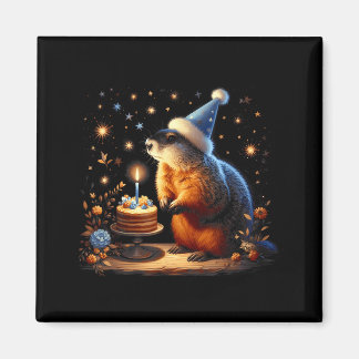 Happy Groundhog Day Ground Hog With Birthday Cake  Magnet