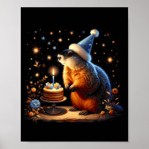 Happy Groundhog Day Ground Hog With Birthday Cake  Poster