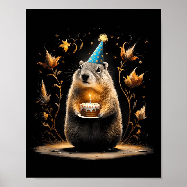 Happy Groundhog Day Ground Hog With Birthday Cake  Poster (Front)