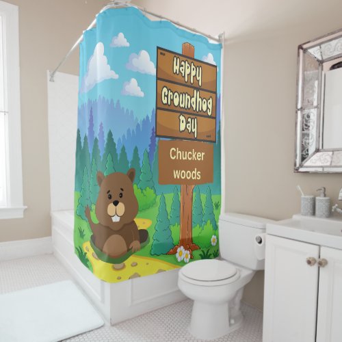 happy groundhog day in woods  shower curtain