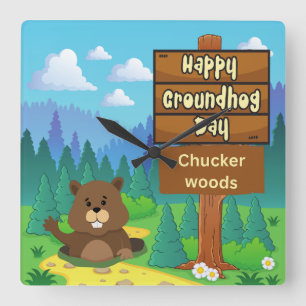 happy groundhog day in woods square wall clock