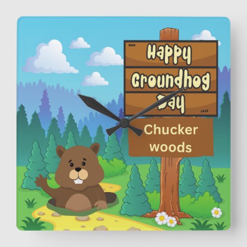 happy groundhog day in woods  square wall clock
