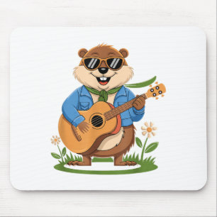 Happy Groundhog Day Playing Guitar Funny Animal Lo Mouse Pad