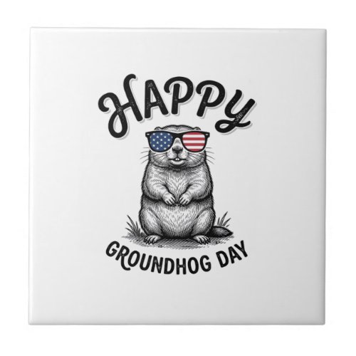 Happy Groundhog Day Vintage Engraving Shirt Design Ceramic Tile