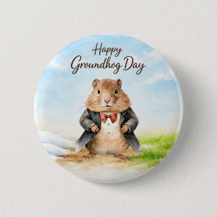 Happy Groundhog Day Watercolor Greeting Button