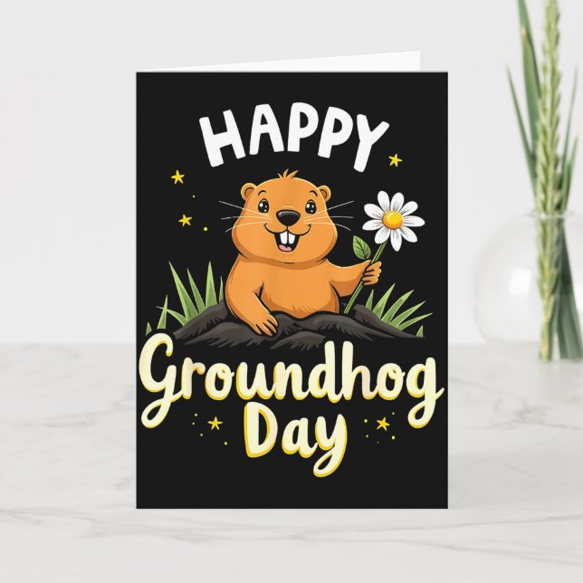 Happy Groundhog Day With Flower _1  Card (Front)