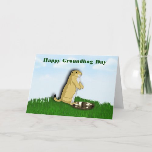 Happy Groundhog Day with groundhog shadow on grass Card