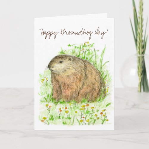 Happy Groundhog Day Woodchuck Drawing Card