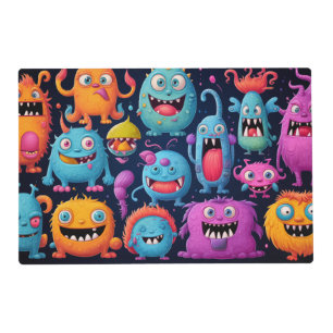 Happy group of colorful monsters on black placemat