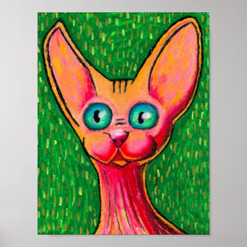 Happy Hairless Cat in Oil Pastel on Green Poster