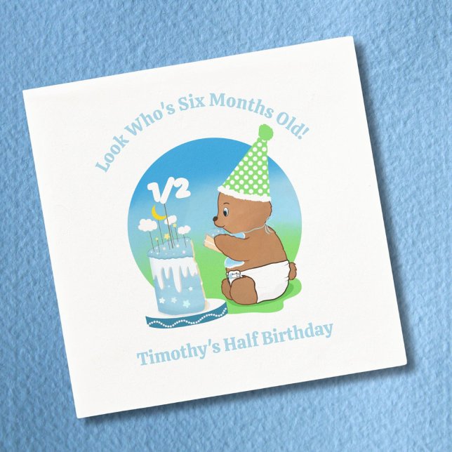 Happy Half Birthday Baby Bear with Cake Party Napkins (Creator Uploaded)