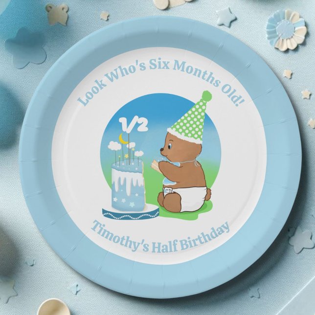 Happy Half Birthday Baby Bear with Cake Party Paper Plates (Creator Uploaded)
