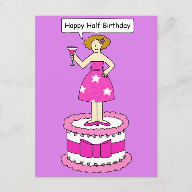 Happy Half Birthday Lady Standing on a Cake Postcard (Front)