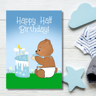 Happy Half Birthday Teddy Bear Eating Cake Card