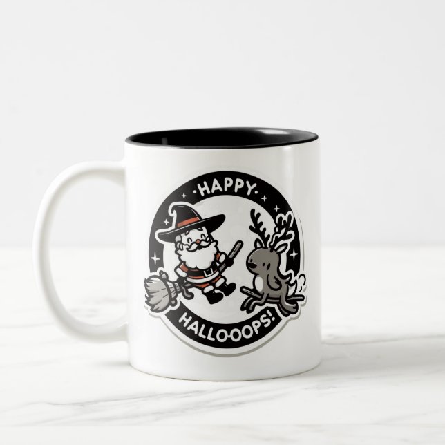Happy Hallo-Oops! Santa Dressed as a Witch, Deer Two-Tone Coffee Mug (Left)