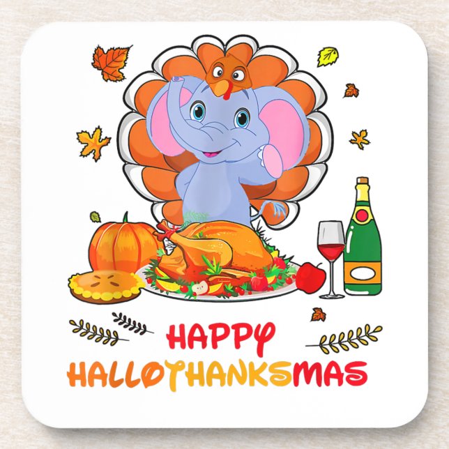 Happy Hallo Thanks Mas Elephant Thanksgiving Gift Beverage Coaster (Front)