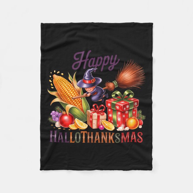 Happy Hallothankmas Witch Cornucoa  Fleece Blanket (Front)