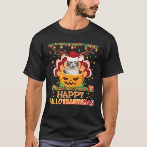Happy Hallothanksmas American Curl Cat Halloween C T_Shirt