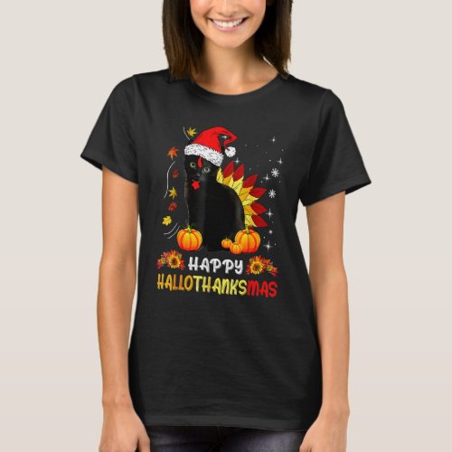 Happy Hallothanksmas  Black Cat Halloween Thanksgi T_Shirt