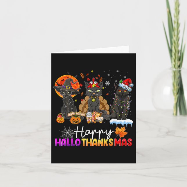 Happy Hallothanksmas Black Cat Halloween Thanksgiv Card (Front)