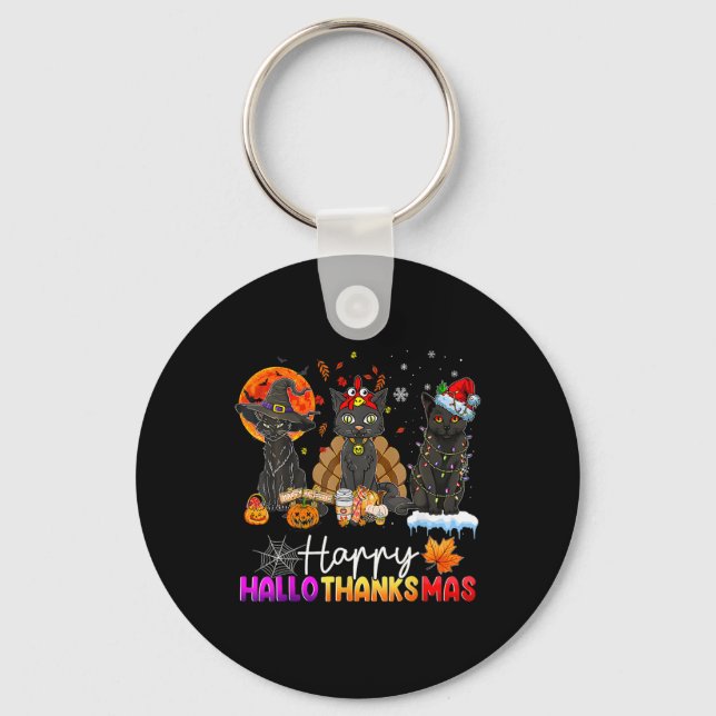 Happy Hallothanksmas Black Cat Halloween Thanksgiv Keychain (Front)